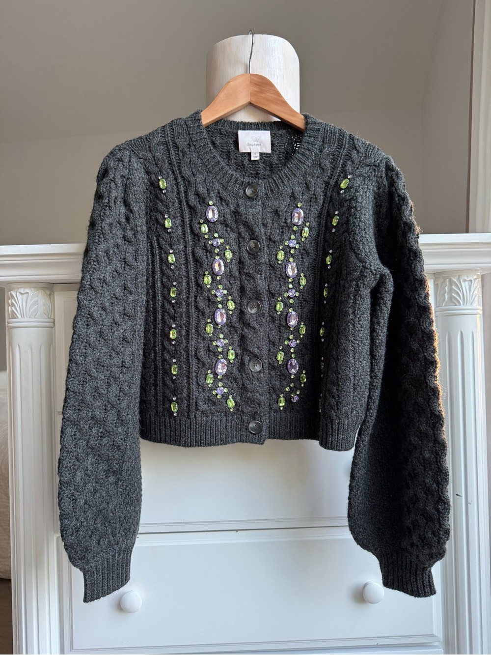 Cinq à Sept Embellished Cable Knit Cropped Cardigan Size S - Picture 2 of 15